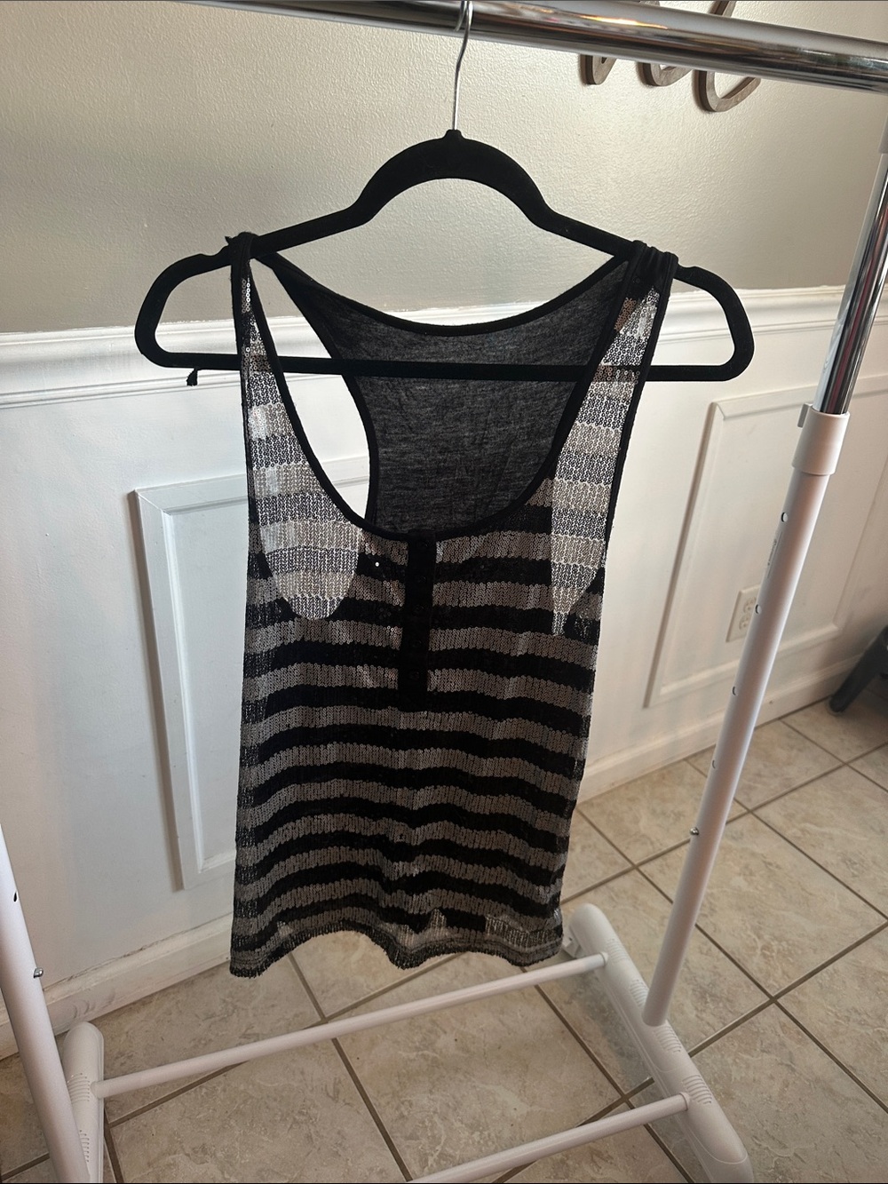 Striped Sleeveless sequence Tank Top - Black & silver